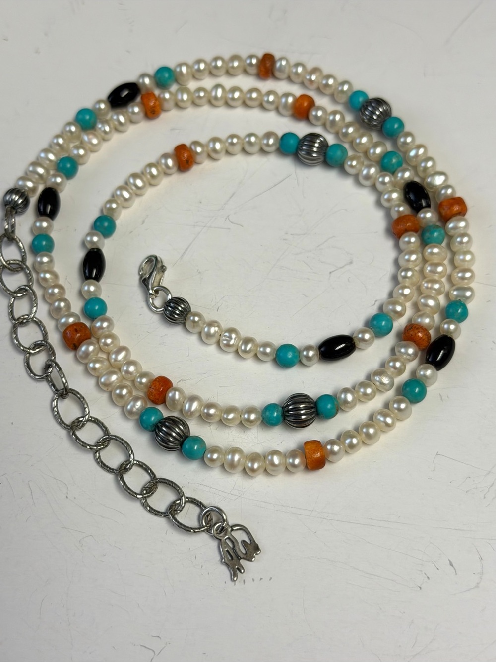 Vintage Carolyn Pollack Sterling Silver Pearl and Multi Stone Necklace - Picture 6 of 10